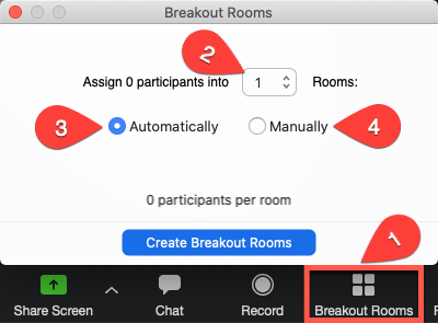 Select the number of breakout rooms and how to divide participants