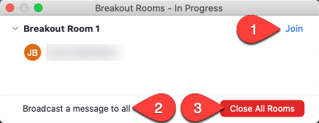 Select "join" button to join individual rooms, options to broadcast message and close all rooms are available.