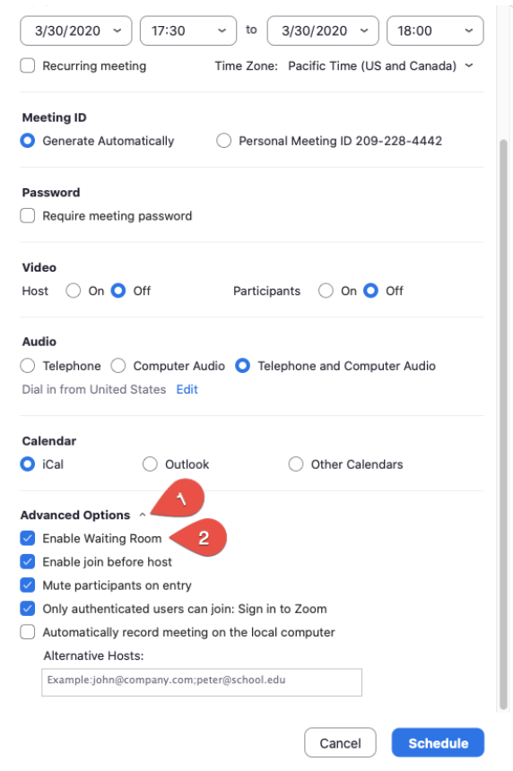 How to select the option of starting a breakout room in an advanced type of Zoom meeting