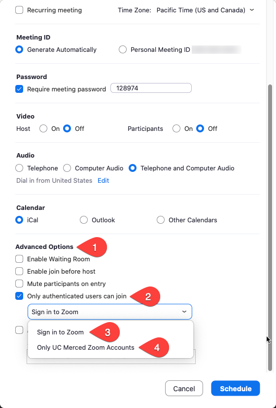 Advanced settings in the schedule meeting dialog to set authentication profiles