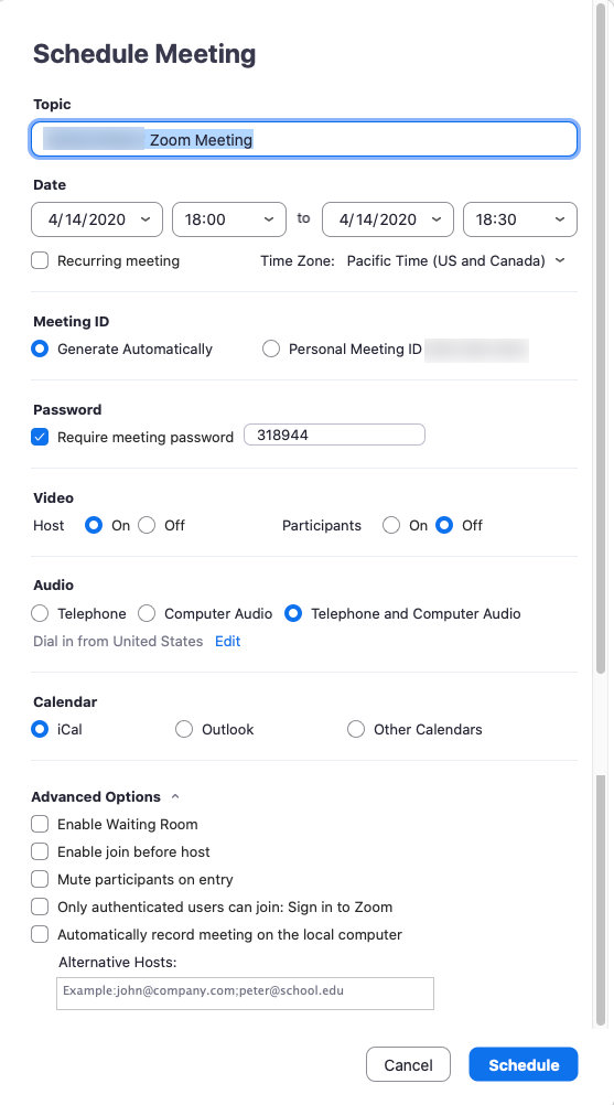 all options that appear when scheduling a meeting