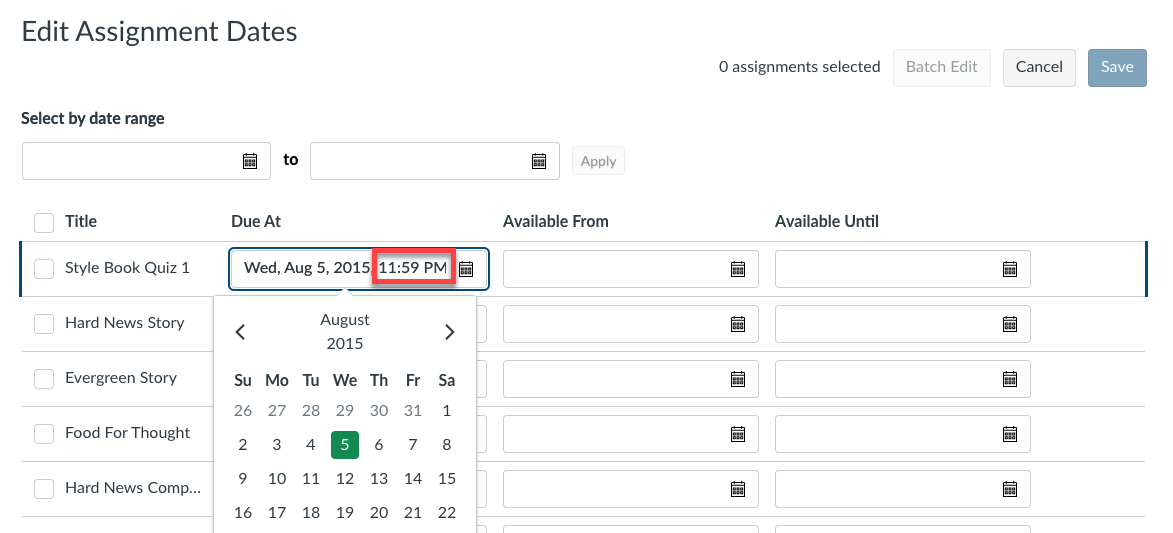 Select the time in the Due At column