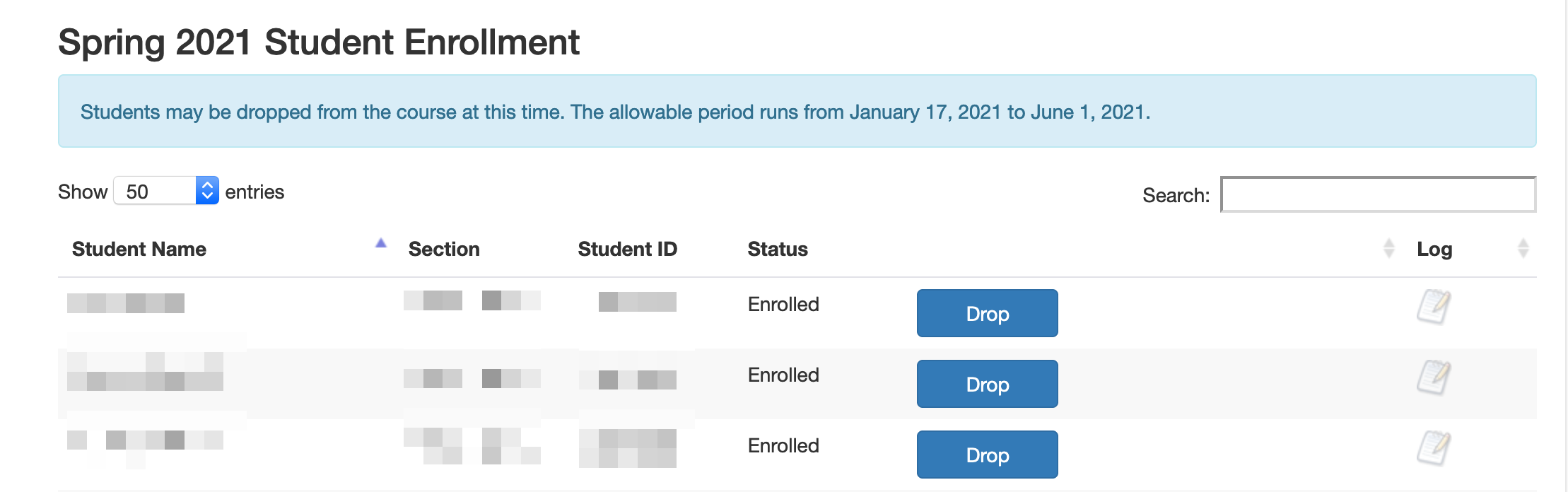 Image showing what the Faculty Drop Tool looks like.