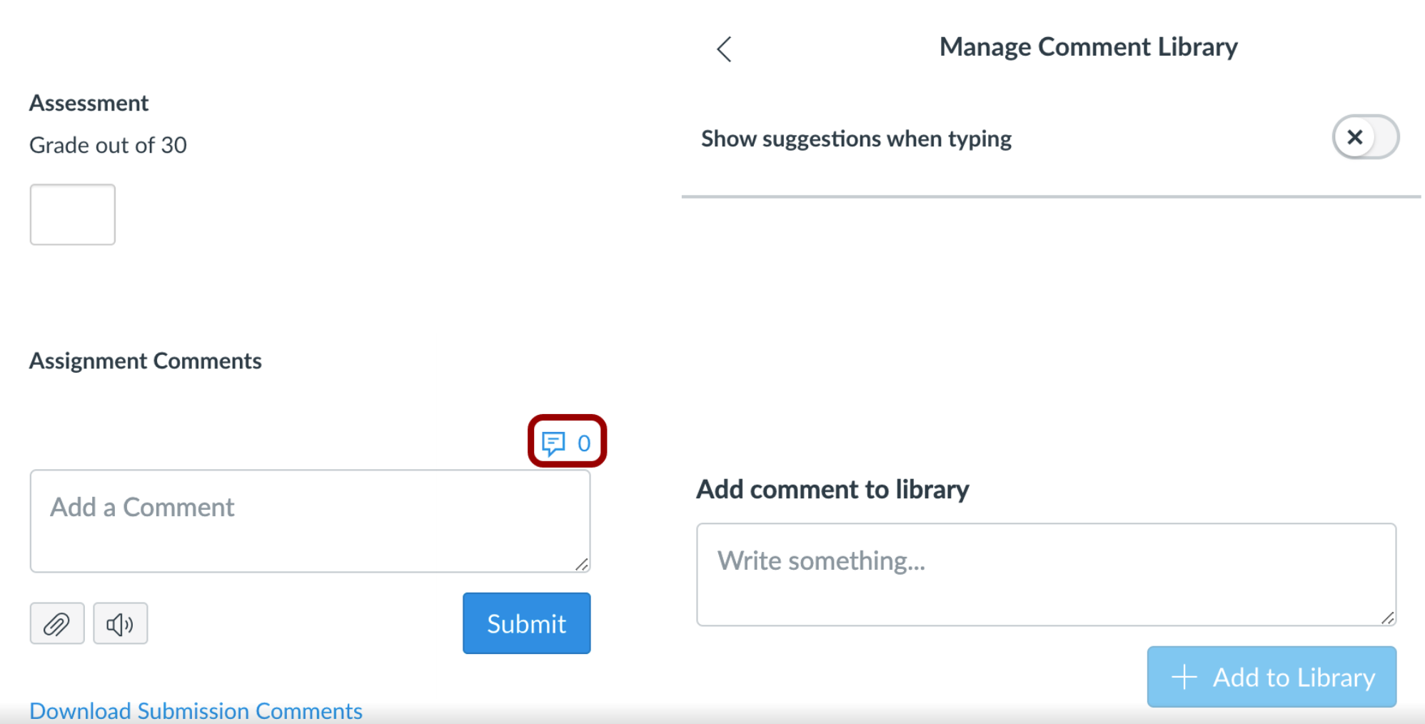 Image shows the Comment Library icon in SpeedGrader