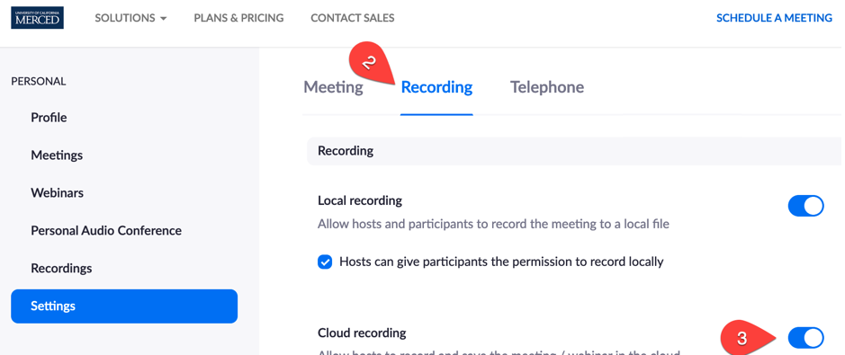 turn on the cloud recording toggle on the Zoom settings pagge under the recording tab