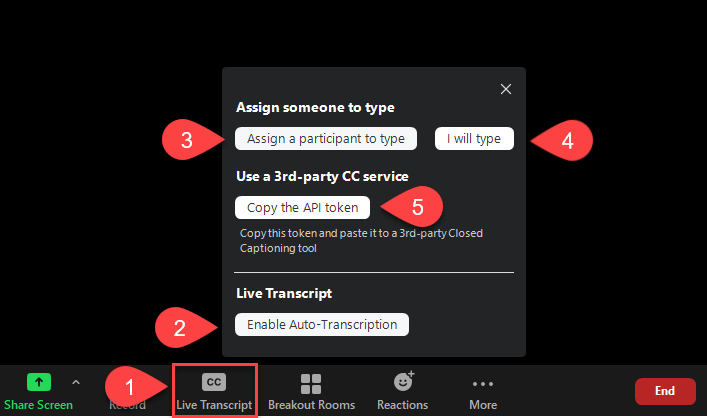Click on the Live Transcript button while in a Zoom Meeting to access captioning options