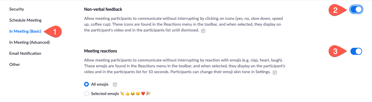 Basic settings in the Zoom settings webpage to enable nonverbal feedback and reactions