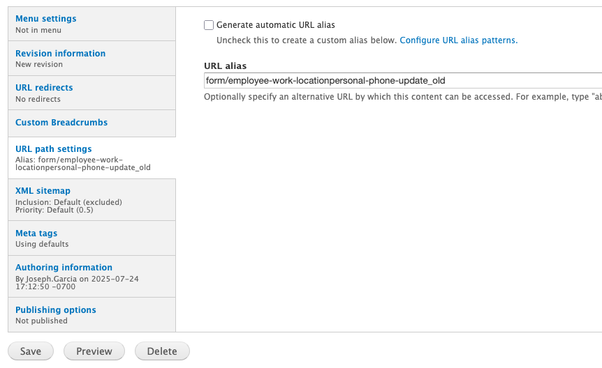 url alias settings via editting a node