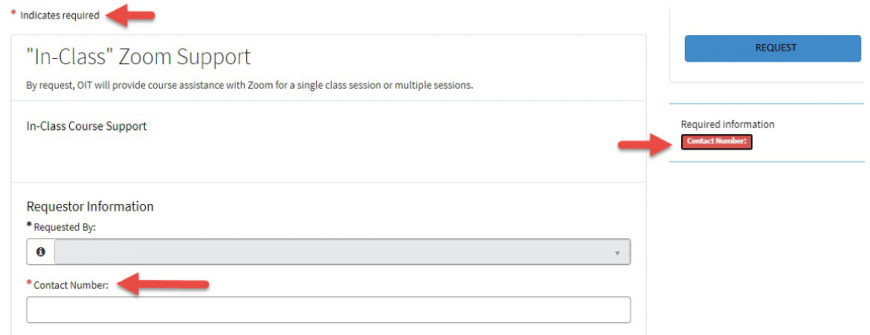 ServiceNowUIChange "In-Class" Zoom Support image with red arrows indicating what are important to fill out.