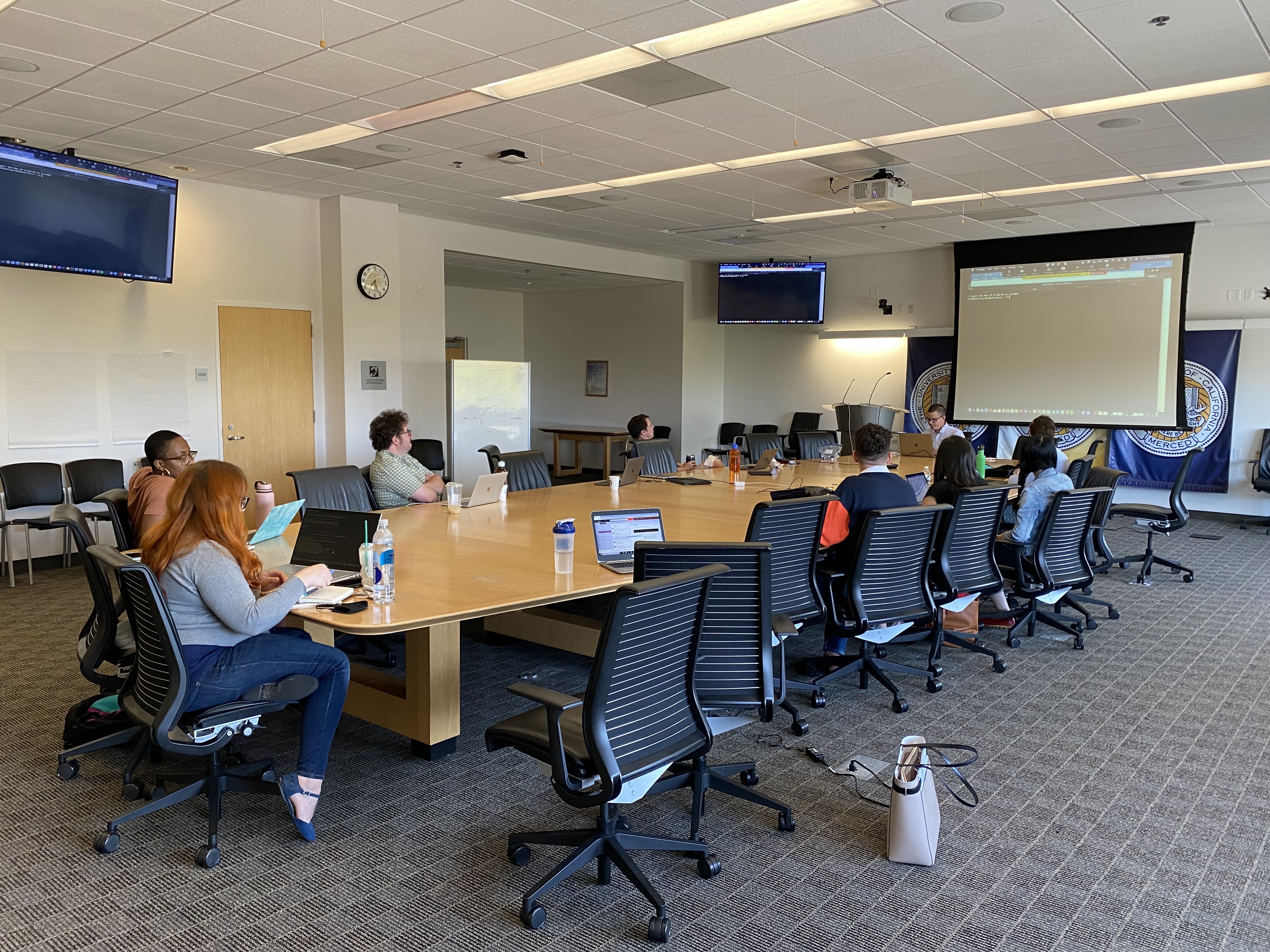 People in a conference room looking at a screen