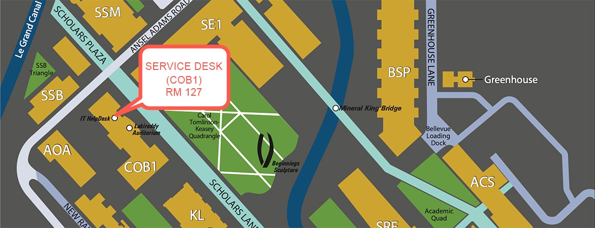 University of California's Campus Map with  a white text bubble that says "OT Service Desk (COB 1) Rm 127" indicating where the Service Desk is. 