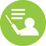 Green circle with an instructor pointing at a board with a long pointer. Designates section "Instructional Tools"