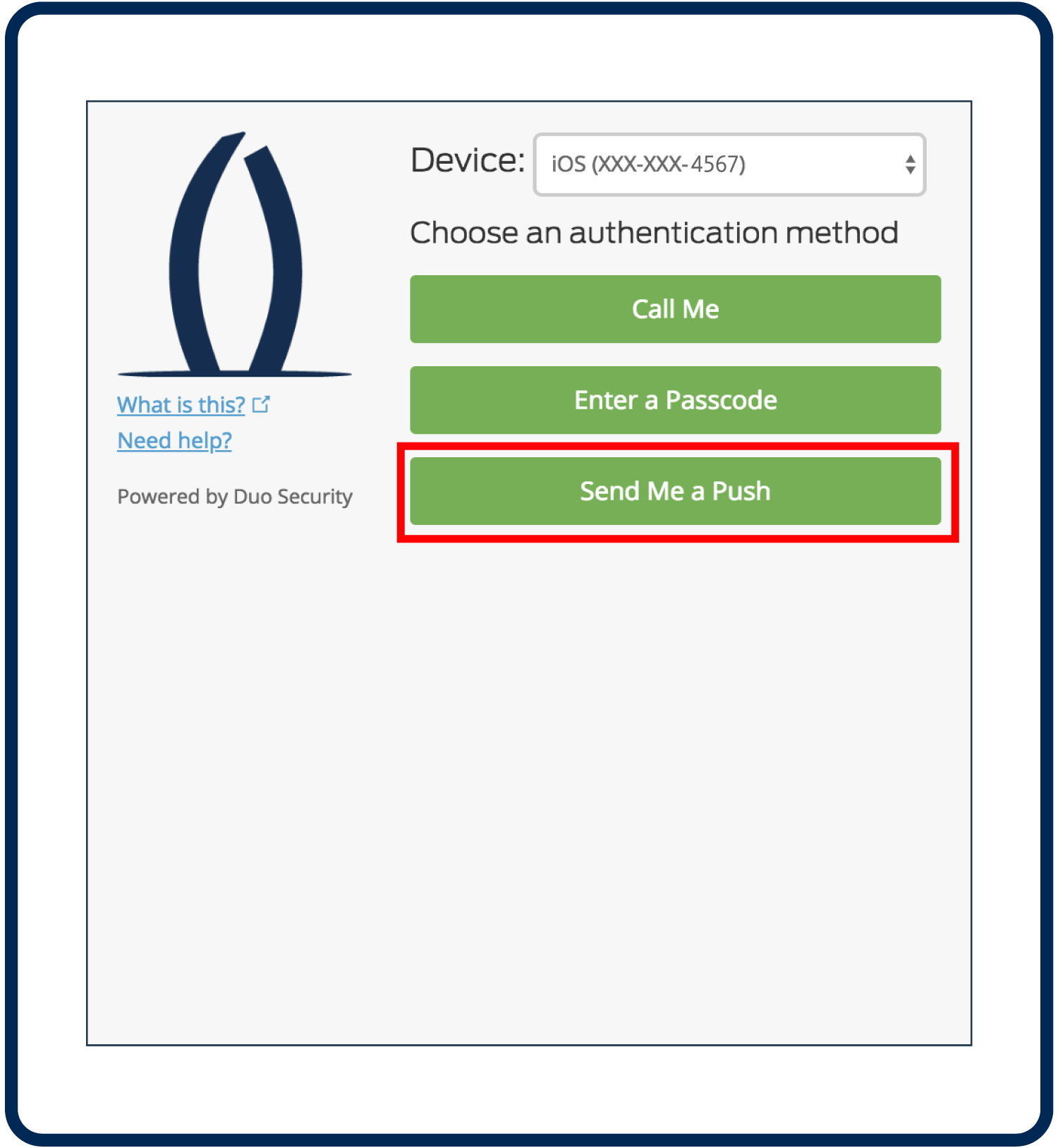 Screenshot of 2 Factor Authentication options, with a box around "Send me a Push" button