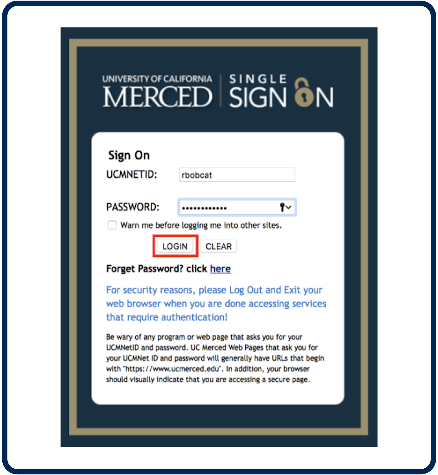 Screenshot of UC Merced Single Sign On