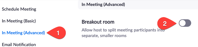 How to select the option of starting a breakout room in an advanced type of Zoom meeting