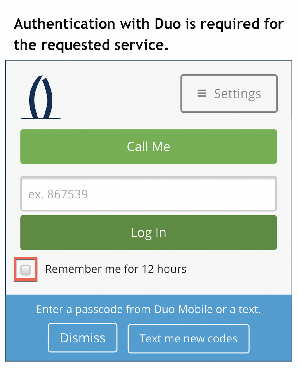 DUO Login screen with red box highlighting the "Remember me for 12 hours" checkbox below the "Log In" button