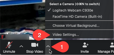 Screenshot of video settings in a Zoom meeting with buttons on how to turn on video and steps called out