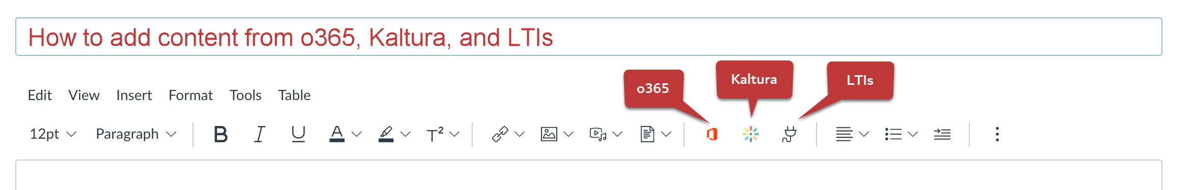 RCE menu bar with highlights calling out the o365, Klatura, and LTI buttons