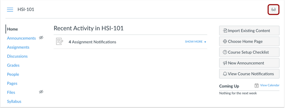 Course Home page with the Student View glasses icon highlighted in top right corner of the page