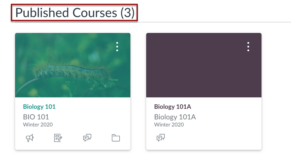 catcourses dashboard showing published course group heading