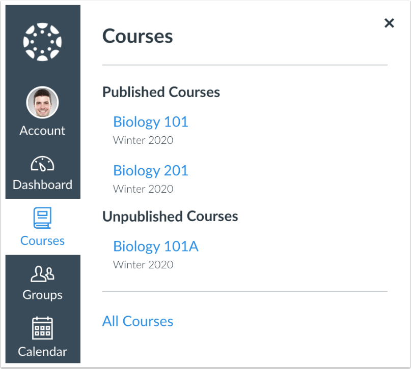 catcourses course menu showing unpublished and published courses