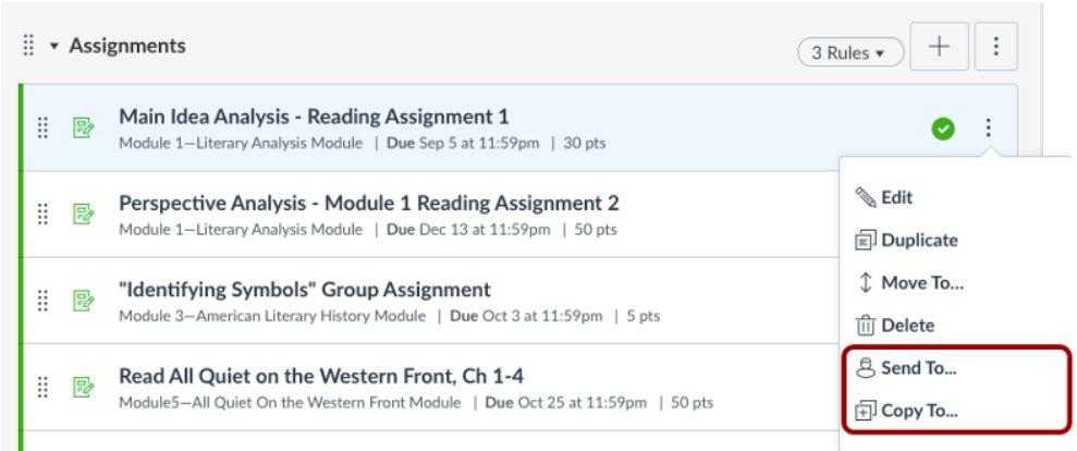 catcourses assignment additional options menu showing the copy and share functions