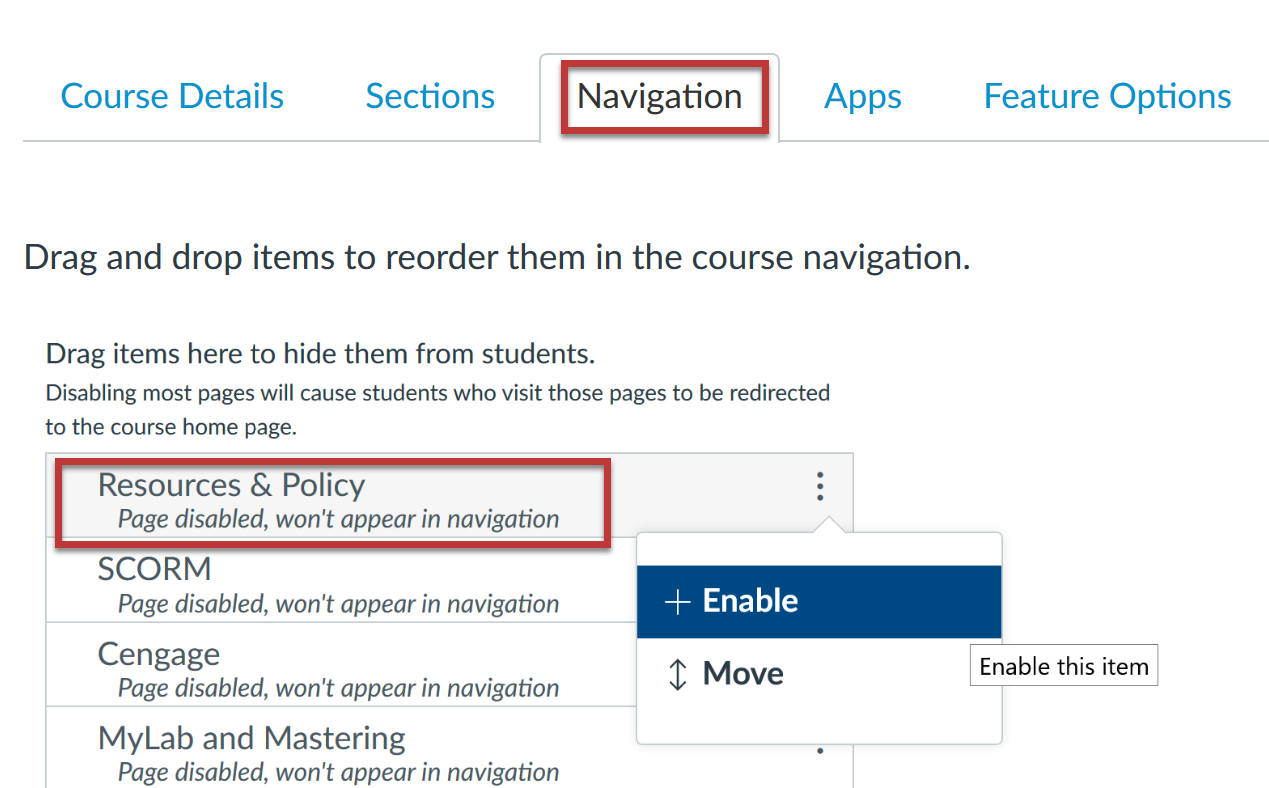 CatCourse Navigation tab highlighted, with Resources and Policy tool highlighted and three dots on right showing +Enable dropdown