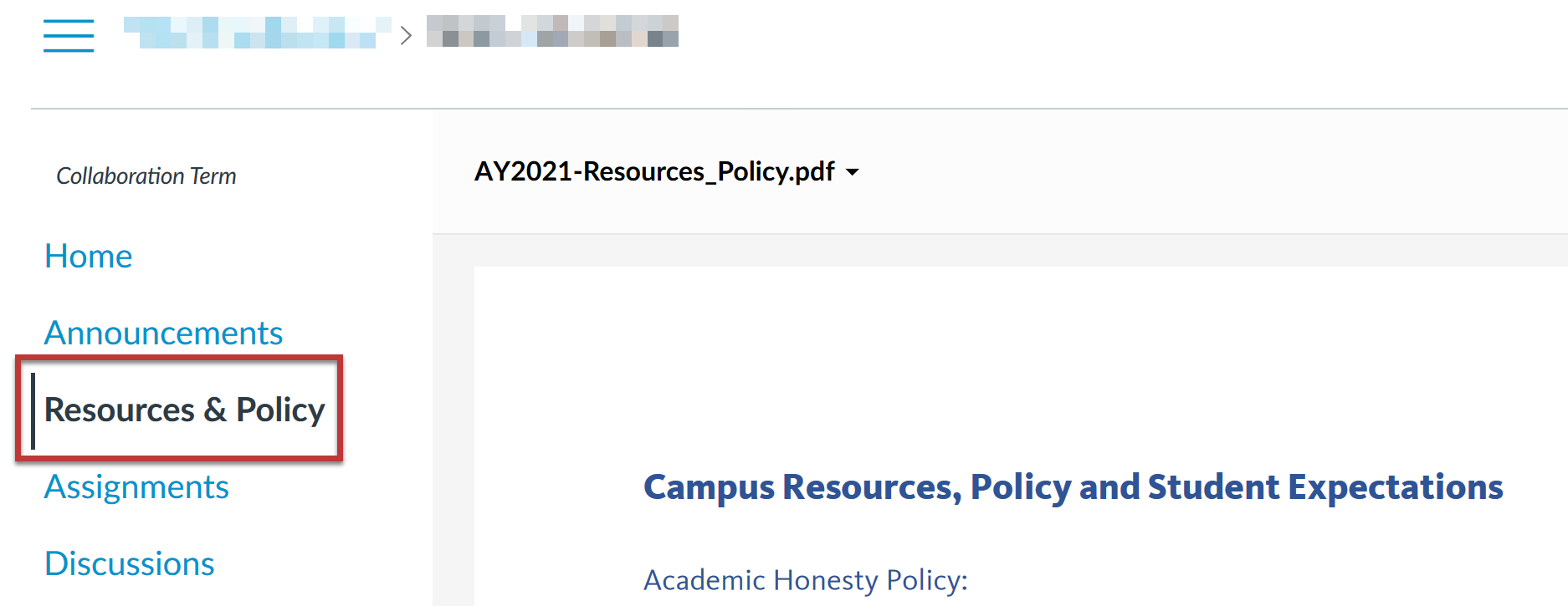 Resources and Policy highlighted in course Navigation bar, showing the top of Resources and Policy page