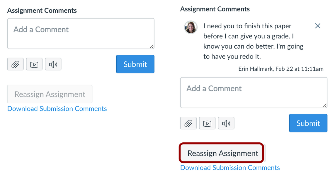 Reassign Assignment Button Under Speedgrader Comment Box
