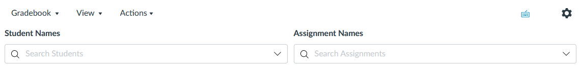 Sudent name and Assignment name search fields are next to each other near the top of the Gradebook page 