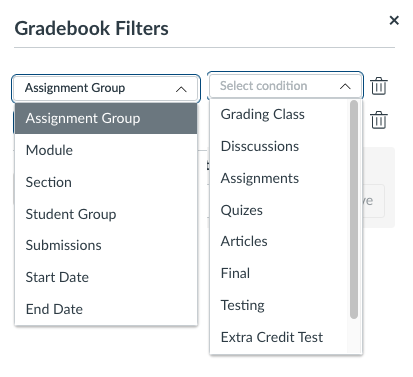 Gradebook Filter Condition Options