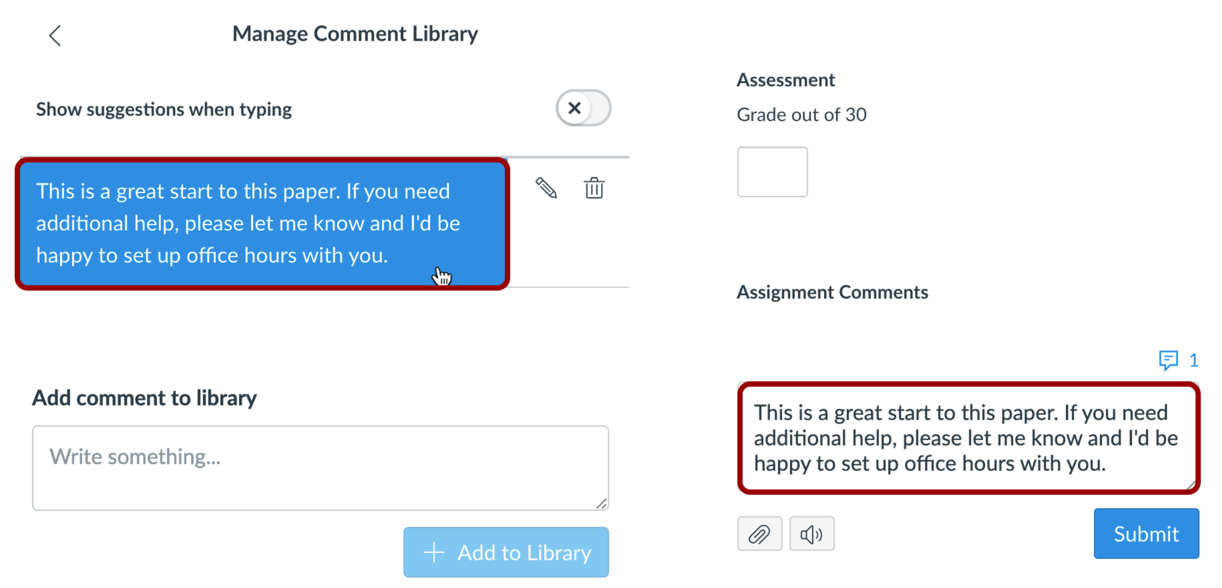 Image shows how to select and submit a comment from the comment library in SpeedGrader