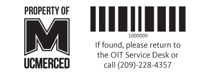 The UC Merced device asset tag, it has a barcode with a unique identifier, UC Merced branding, and instructions on reaching out to the service desk if the device is found.