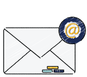 Gray envelope with a circle on the top right corner that is navy blue with a gold @ symbol inside of it.