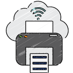 Gray printer with paper at the bottom with navy blue lines with a light gray cloud with a wifi logo indicating it is a wireless printer.