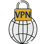 A gold lock on top of a light gray globe with words in navy blue that says "VPN"