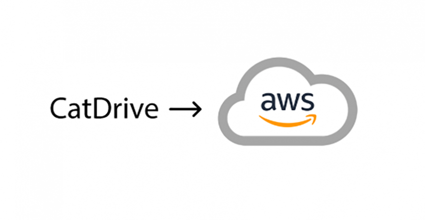 the word "CatDrive" with an arrow pointing to the AWS cloud services logo