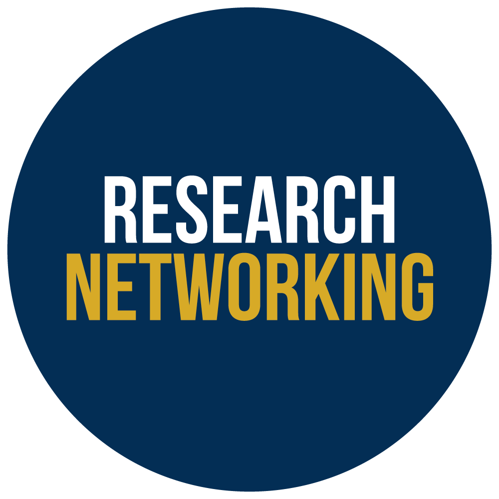 Blue Circle with the word in white "RESEARCH" in gold word below " NETWORKING"