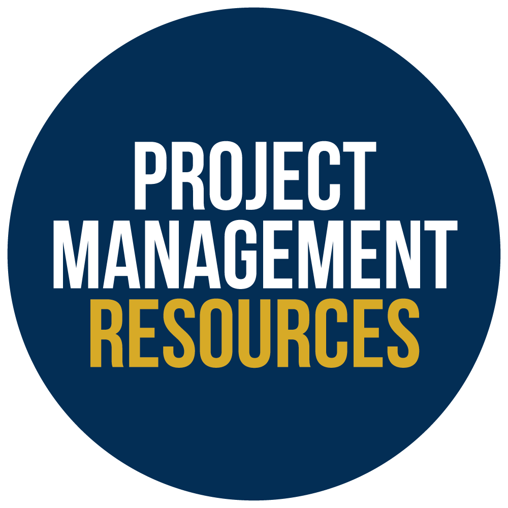 Blue circle with project management resources text on top
