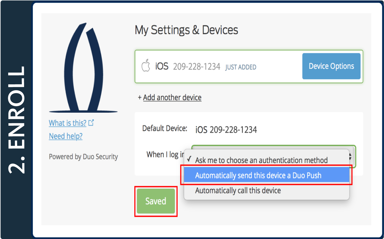 Screenshot of Duo pop-up window which reads "My Settings and Devices." In the drop-down menu titled "When I log in", "Automatically Send this device a Duo push" is selected, and a box is around the "Save" button