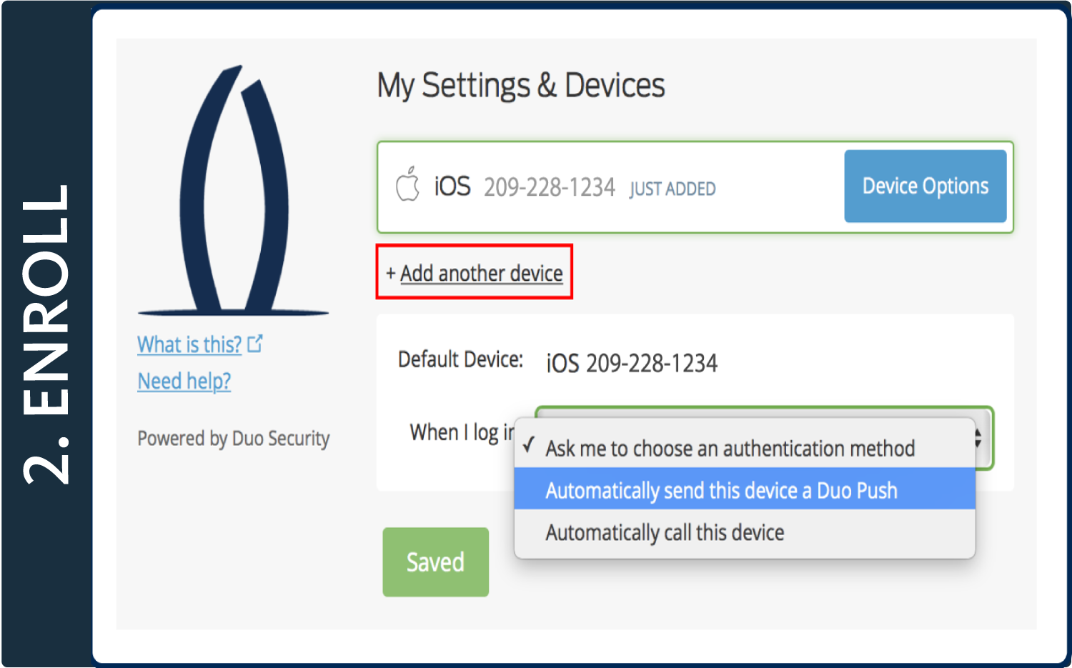 Screenshot of Duo pop-up window with the words "My Settings and Devices" and a box around "Add Another Device" link under the list of devices.