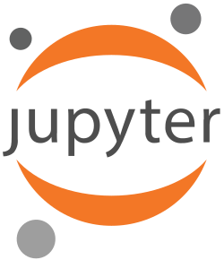 Logo of the application for "Jupyter" which is an orange circle with the "Jupyter" word in the middle with gray little circles surrounding the orange circle.