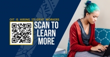 person with teal hair and a red sweater typing on a laptop with a blue banner that says OIT is Hiring Student Workers and a QR code that says Scan to Learn More