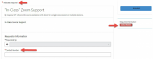 ServiceNowUIChange "In-Class" Zoom Support image with red arrows indicating what are important to fill out. 