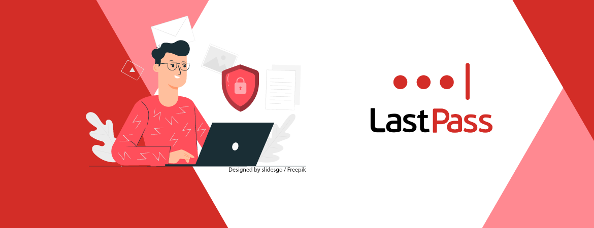 Person in red shirt managing private information next to a lastpass logo